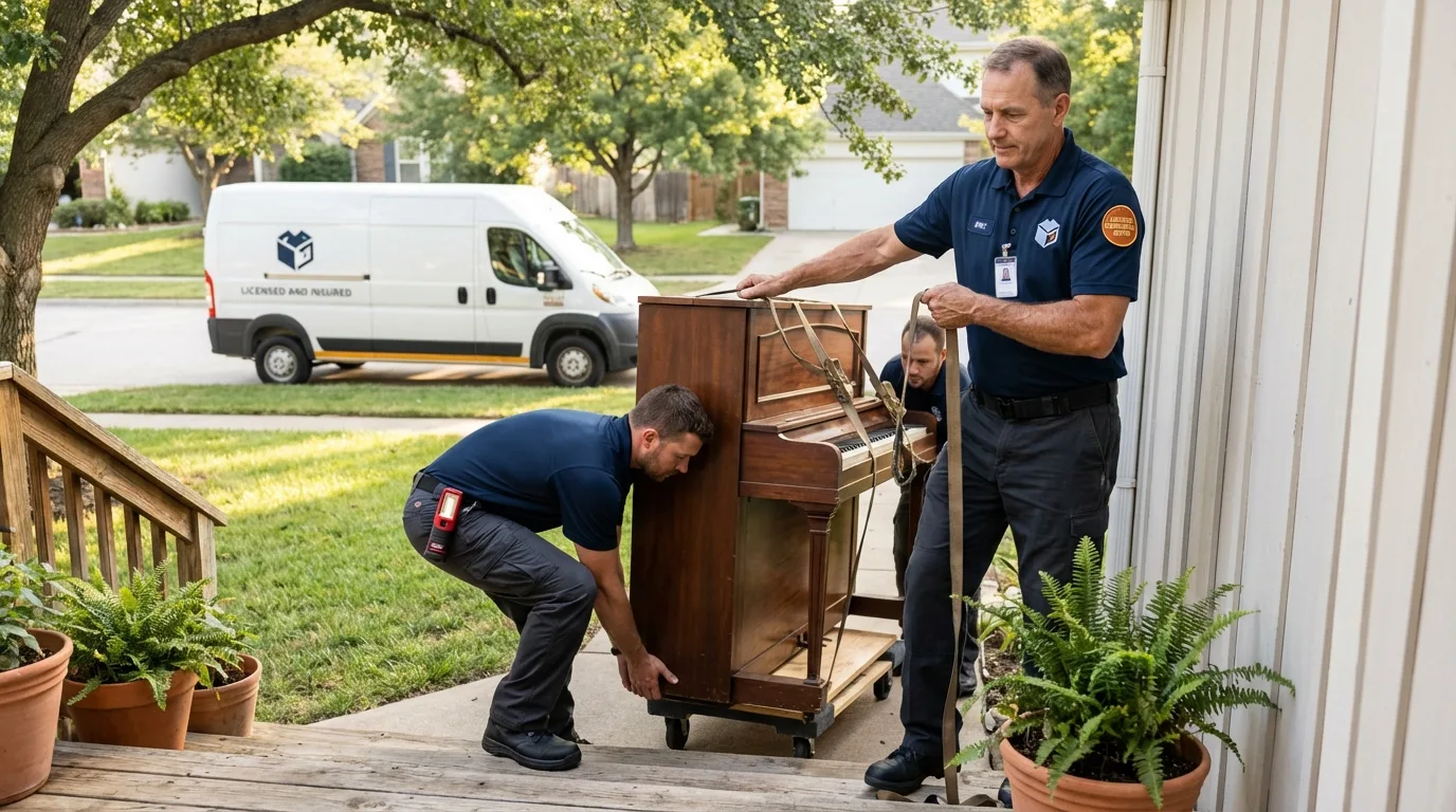 Licensed piano movers securing grand piano in Holstein, IA