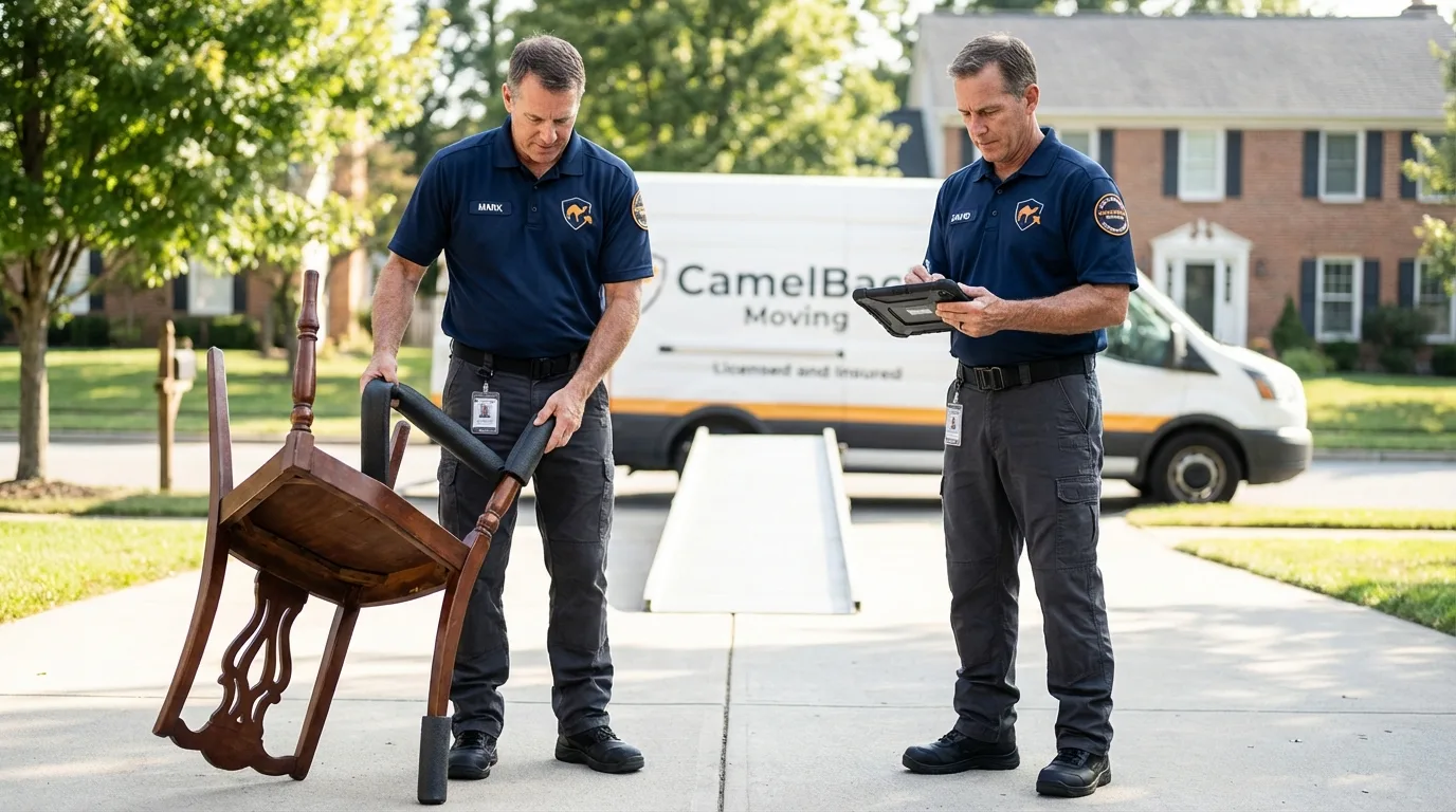 Movers inspecting furniture for damage prevention before loading in Holstein, IA