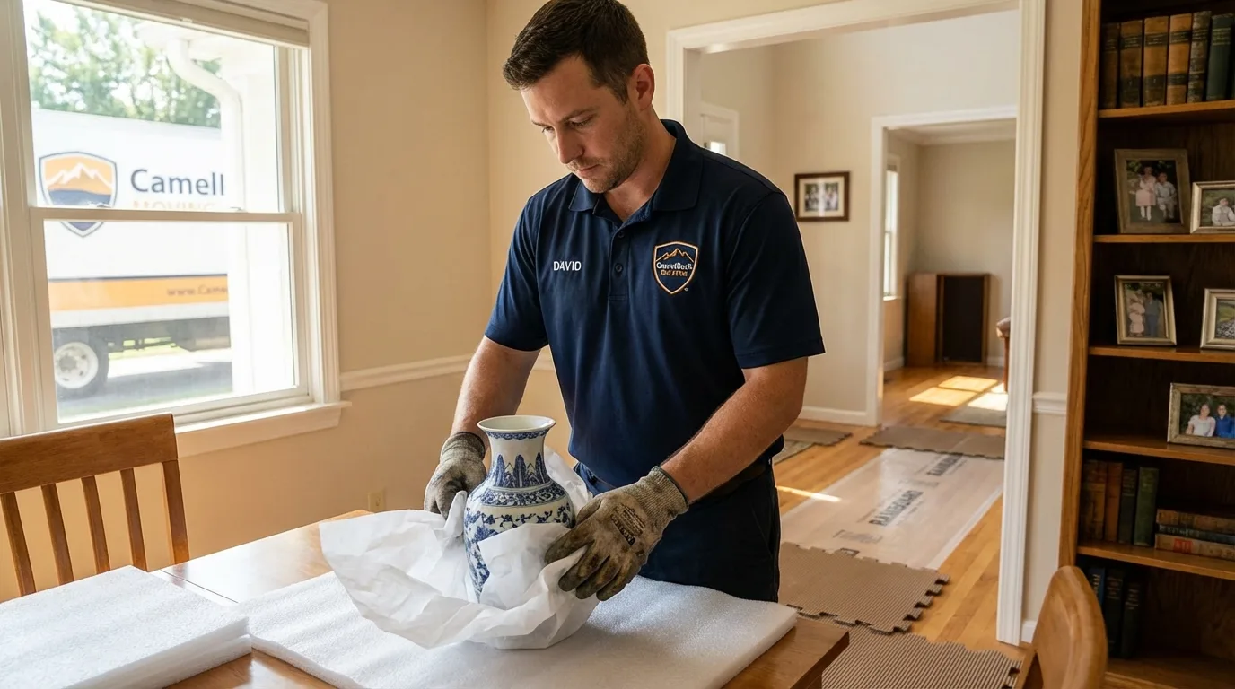Professional crew carefully wrapping antique vase for senior downsizing move in Holstein, IA